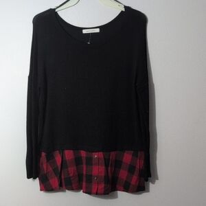 Moa Moa Black Top with Red Plaid Hem
